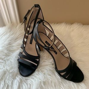 French Connection black Nayden leather traps heels